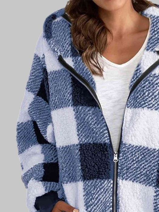 Color-Plaid Zip-Up Hooded Jacket with Pockets-Fancey Boutique