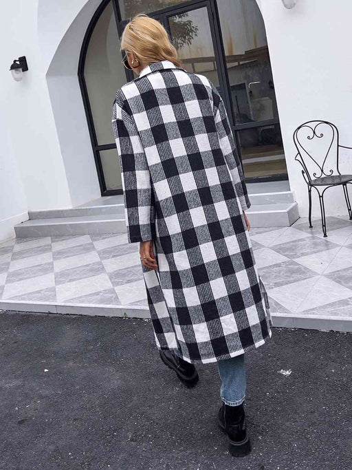 Color-Plaid Collared Neck Slit Longline Coat-Fancey Boutique