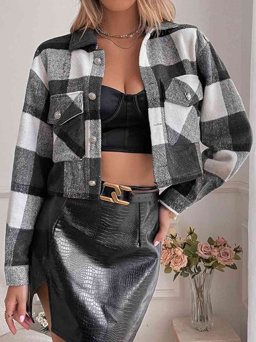 Color-Plaid Collared Neck Button Down Jacket-Fancey Boutique