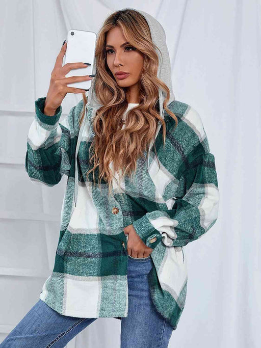 Color-S-Plaid Hooded Jacket with Pockets-Fancey Boutique