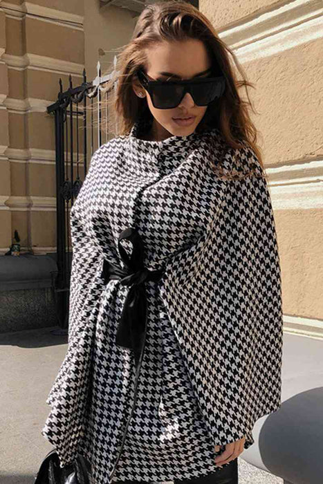Color-One Size-Houndstooth Tie Waist Trench Coat-Fancey Boutique