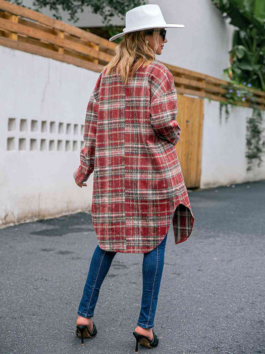 Color-Plaid Collared Neck Button Down Longline Jacket-Fancey Boutique