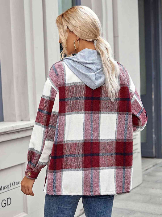 Color-Plaid Hooded Jacket with Pockets-Fancey Boutique