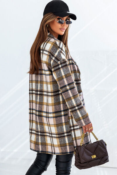 Color-Plaid Longline Jacket with Pockets-Fancey Boutique