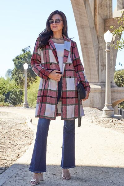 Color-S-Double Take Full Size Plaid Button Up Lapel Collar Coat-Fancey Boutique