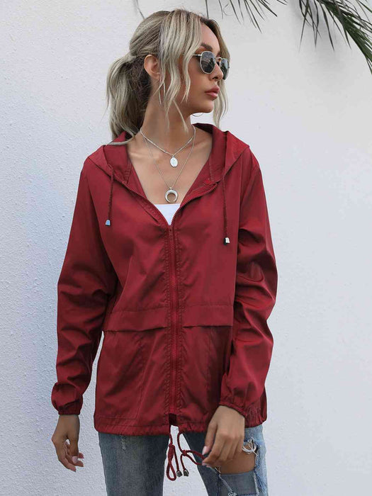 Color-Drawstring Zip-Up Hooded Jacket-Fancey Boutique