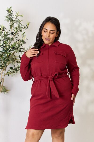 Color-S-Culture Code Full Size Tie Front Half Zip Long Sleeve Shirt Dress-Fancey Boutique