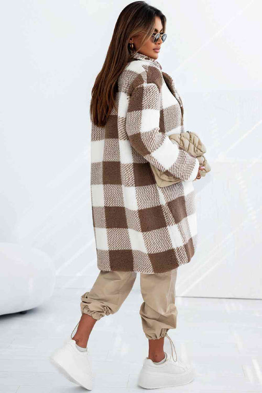 Color-Plaid Collared Neck Longline Coat-Fancey Boutique