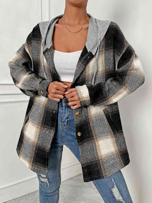 Color-Plaid Drawstring Hooded Jacket-Fancey Boutique