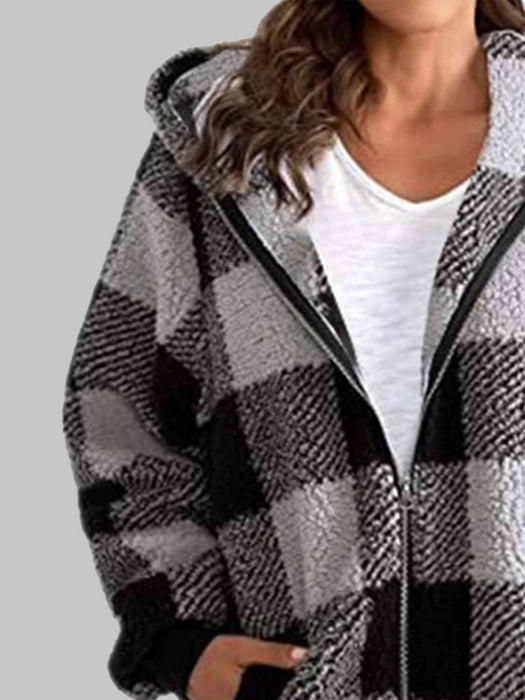 Color-Plaid Zip-Up Hooded Jacket with Pockets-Fancey Boutique