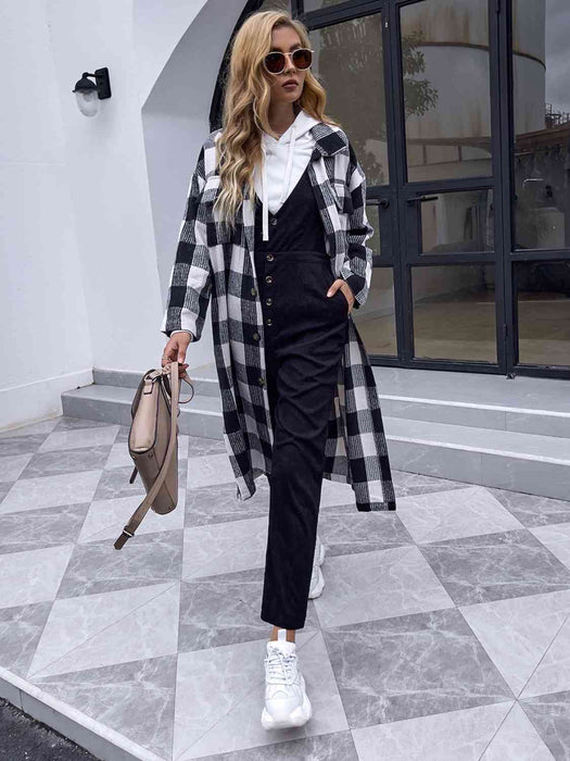 Color-Plaid Collared Neck Slit Longline Coat-Fancey Boutique