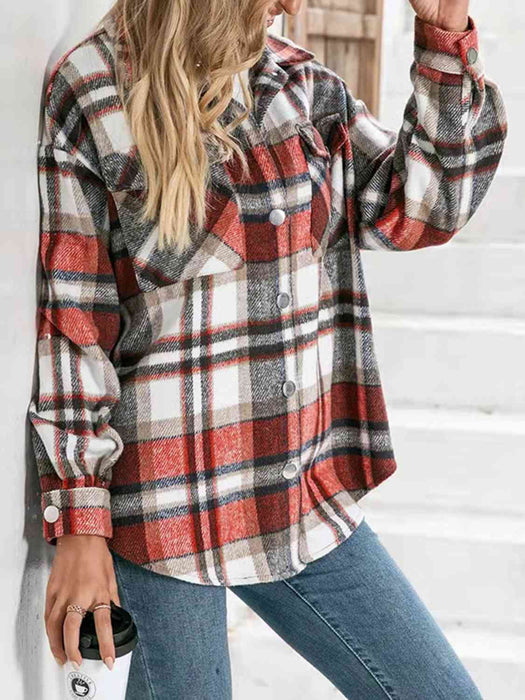 Color-Plaid Collared Neck Button Down Jacket-Fancey Boutique