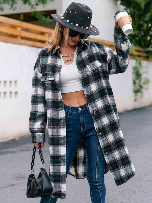 Color-S-Plaid Collared Neck Button Down Longline Jacket-Fancey Boutique