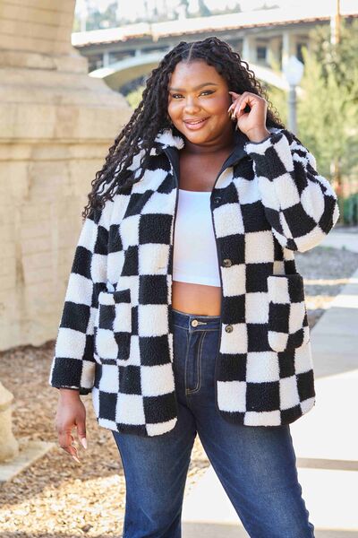 Color-Double Take Full Size Checkered Button Front Coat with Pockets-Fancey Boutique