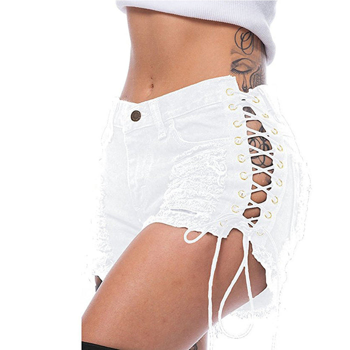 Color-Women Ripped Side Corns Bandage Denim Shorts Women Wear Color Cloth Big Pants-Fancey Boutique