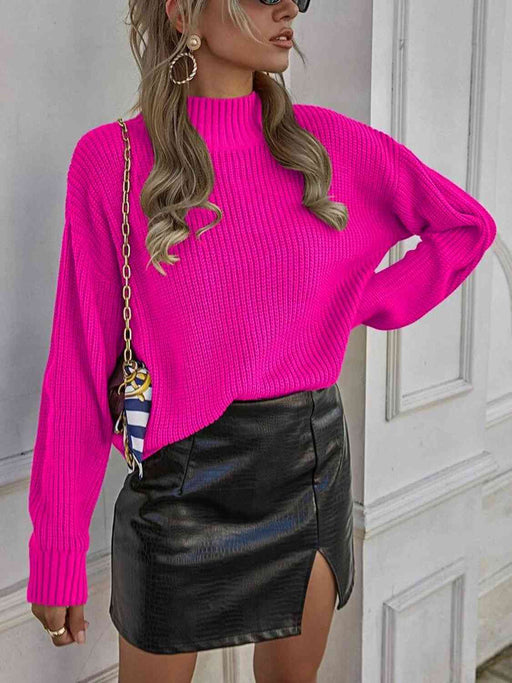 Color-S-Mock Neck Dropped Shoulder Sweater-Fancey Boutique