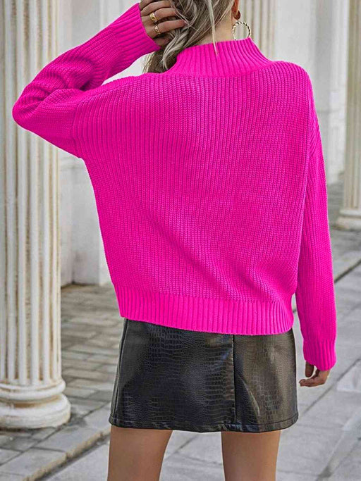 Color-Mock Neck Dropped Shoulder Sweater-Fancey Boutique