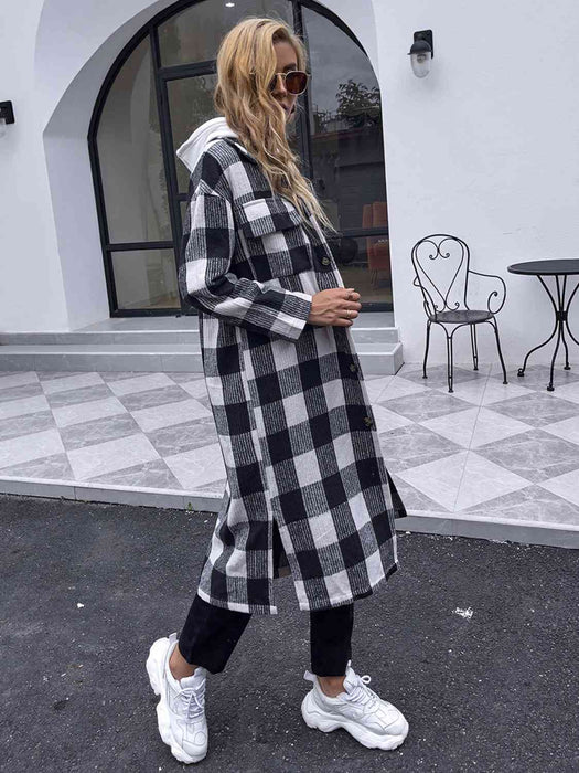 Color-Plaid Collared Neck Slit Longline Coat-Fancey Boutique