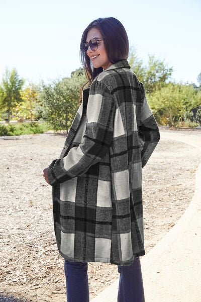 Color-Double Take Full Size Plaid Button Up Lapel Collar Coat-Fancey Boutique