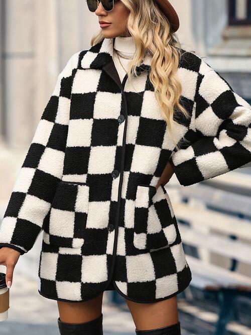 Color-Double Take Full Size Checkered Button Front Coat with Pockets-Fancey Boutique