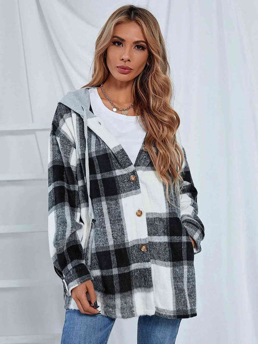 Color-S-Plaid Hooded Jacket with Pockets-Fancey Boutique