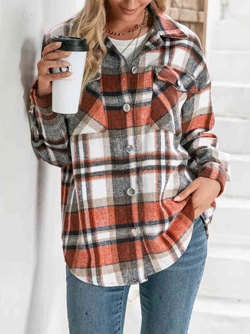 Color-S-Plaid Collared Neck Button Down Jacket-Fancey Boutique