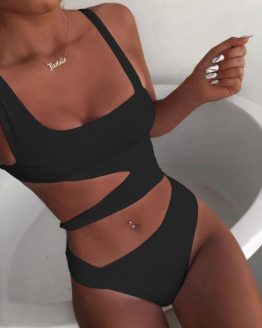 Color-Black-1-Solid Color One-piece Swimsuit Solid Color One-piece Bikini Women Hollow Out Cutout Swimsuit Bikini One-piecesuits-Fancey Boutique