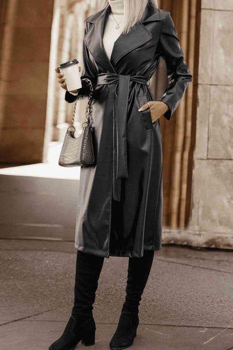 Color-Lapel Collar Tie Waist Long Sleeve Trench Coat-Fancey Boutique