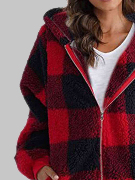 Color-Plaid Zip-Up Hooded Jacket with Pockets-Fancey Boutique