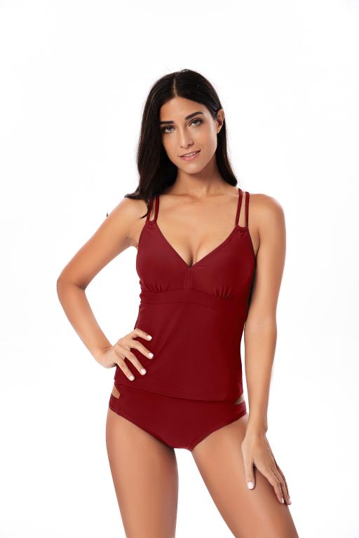 Color-Burgundy-Swimsuit Women Sexy Solid Color Swimsuit Women Split Swimsuit-Fancey Boutique