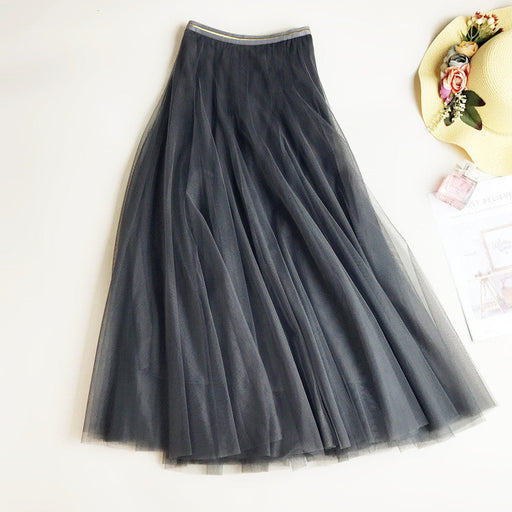 Color-Gray-High Waist Slimming Expansion Skirt Long Skirt Mesh A- line Korean Mid-Length Skirt Skirt-Fancey Boutique