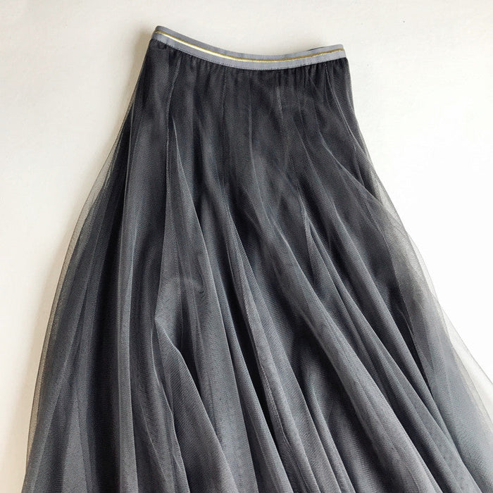 Color-High Waist Slimming Expansion Skirt Long Skirt Mesh A- line Korean Mid-Length Skirt Skirt-Fancey Boutique