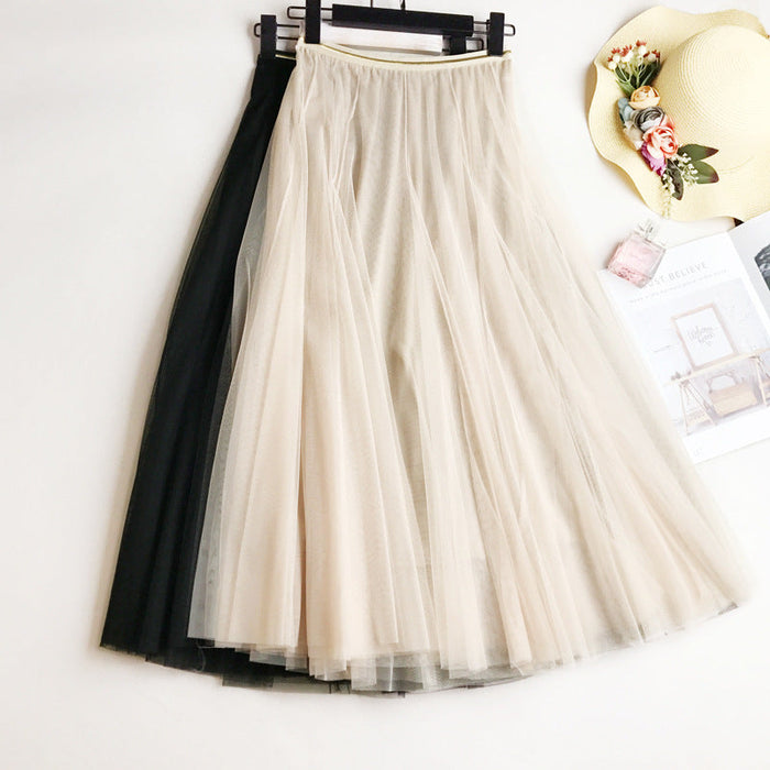 Color-High Waist Slimming Expansion Skirt Long Skirt Mesh A- line Korean Mid-Length Skirt Skirt-Fancey Boutique