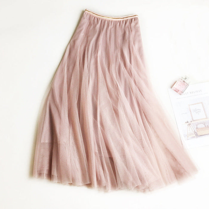 Color-skin pink-High Waist Slimming Expansion Skirt Long Skirt Mesh A- line Korean Mid-Length Skirt Skirt-Fancey Boutique
