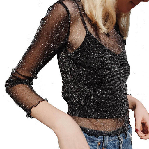 Color-Black-Sexy Sheer Mesh T shirt Women Long-Sleeved Bright Silk Bottoming Shirt Top-Fancey Boutique