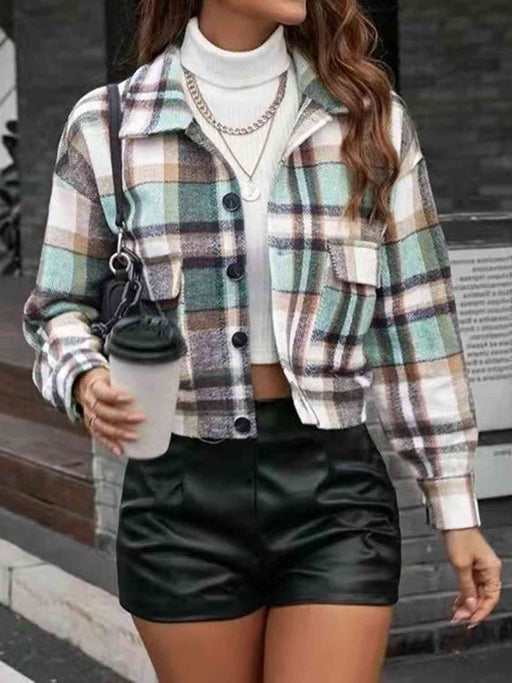 Color-S-Plaid Collared Neck Button Down Jacket-Fancey Boutique