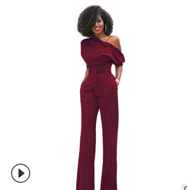 Color-Red-1-New Classic Solid Color Diagonal Collar Button One Piece Wide Leg Jumpsuit-Fancey Boutique