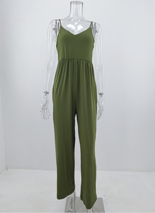 Color-Army Green-Summer Knitted Office Pocket V Neck Solid Color Women Jumpsuit-Fancey Boutique