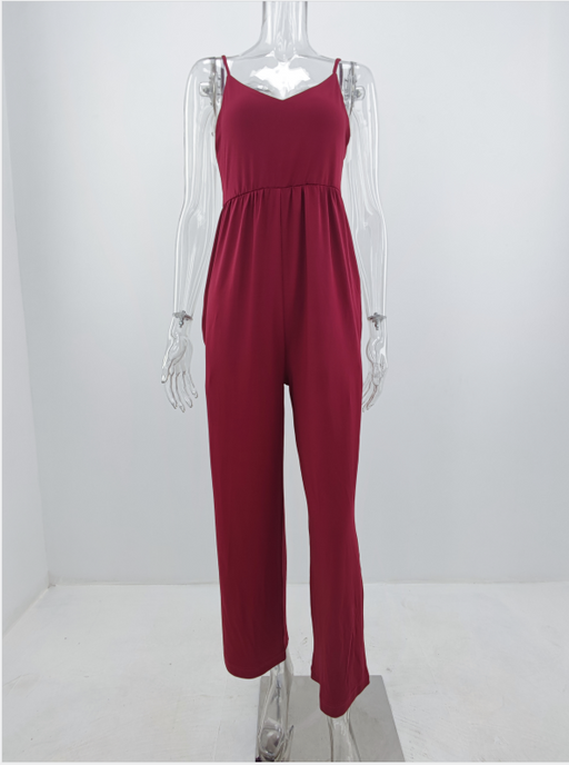 Color-Burgundy-Summer Knitted Office Pocket V Neck Solid Color Women Jumpsuit-Fancey Boutique