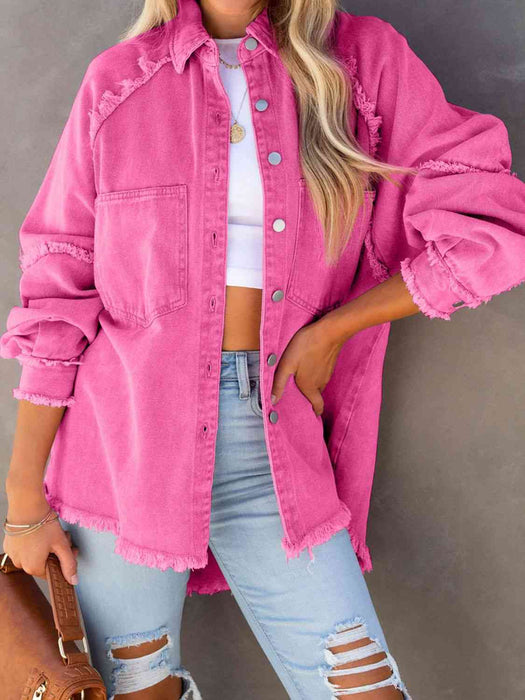 Color-Button Down Raw Hem Denim Jacket-Fancey Boutique