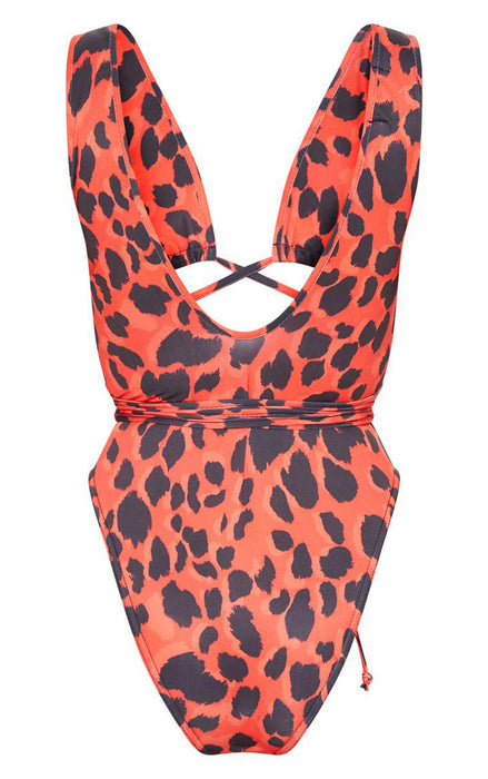 Color-Red-Sexy Leopard Print Snakeskin Printed Lace up One-Piece Swimsuit-Fancey Boutique