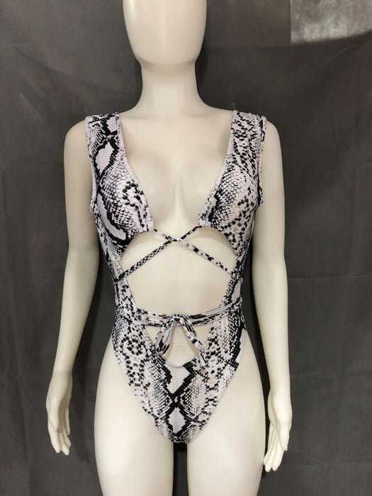 Color-Gray-Sexy Leopard Print Snakeskin Printed Lace up One-Piece Swimsuit-Fancey Boutique