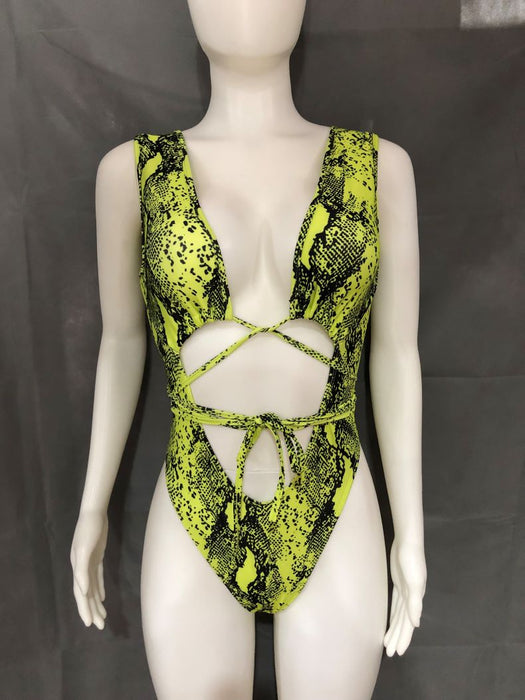 Color-Green-Sexy Leopard Print Snakeskin Printed Lace up One-Piece Swimsuit-Fancey Boutique