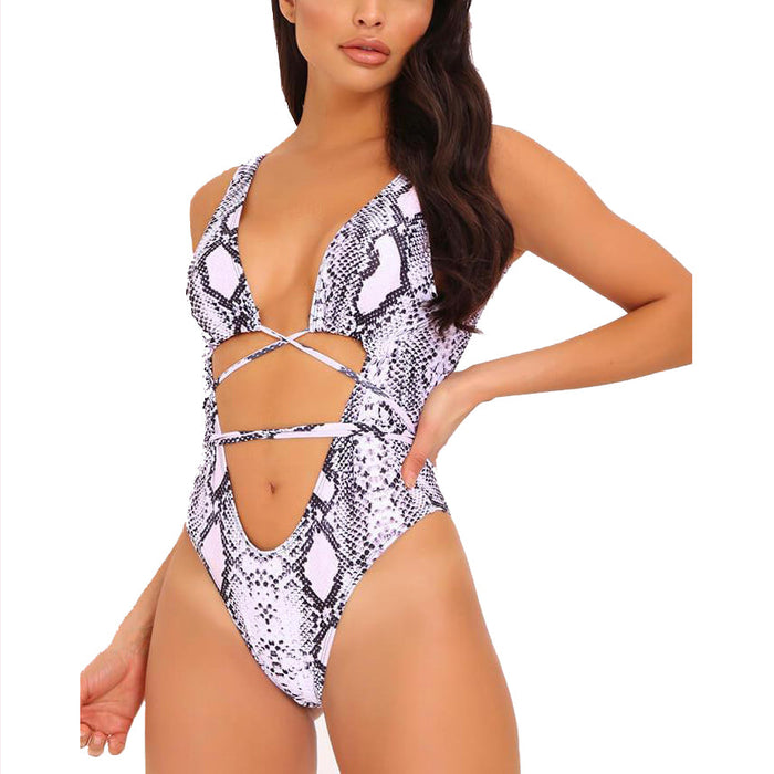 Color-Sexy Leopard Print Snakeskin Printed Lace up One-Piece Swimsuit-Fancey Boutique