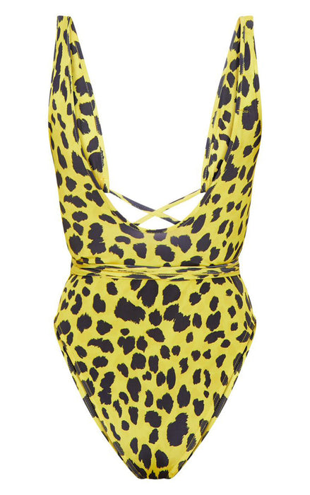 Color-Sexy Leopard Print Snakeskin Printed Lace up One-Piece Swimsuit-Fancey Boutique