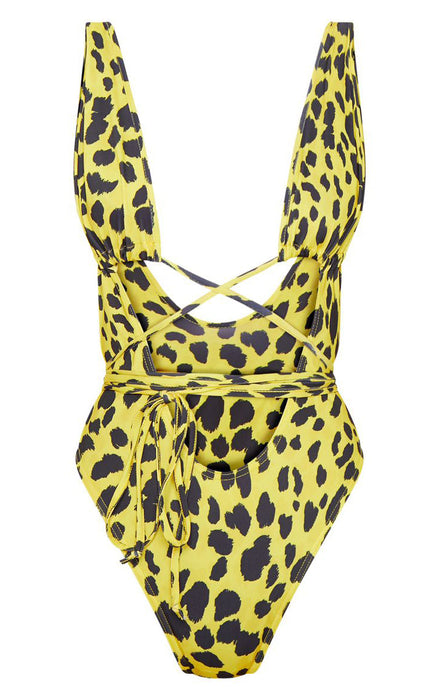 Color-Sexy Leopard Print Snakeskin Printed Lace up One-Piece Swimsuit-Fancey Boutique