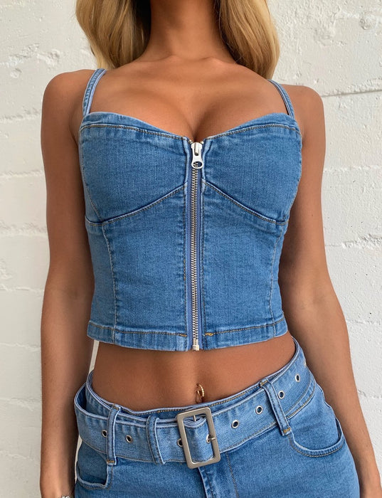 Color-Sexy Zipper Wrapped Chest Cropped Denim Camisole Denim Skirt-Fancey Boutique