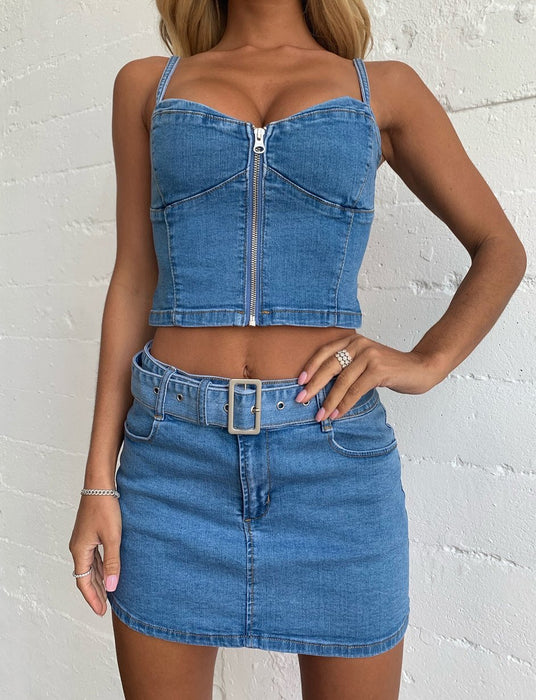 Color-Sexy Zipper Wrapped Chest Cropped Denim Camisole Denim Skirt-Fancey Boutique