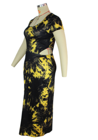 Color-Plus Size Spring round Neck Dress Black Pencil Dress -Style Mid-Length Waist Trimming Printing Dress-Fancey Boutique