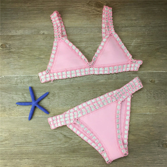 Color-Full Pink-Hand Crocheted Bikini Knitted Stitching Swimsuit Set-Fancey Boutique